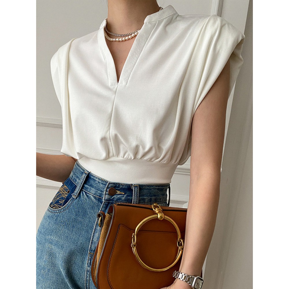 Pleated Shoulder Pad Solid Color Loose Sleeveless V-Neck T-Shirts Tops