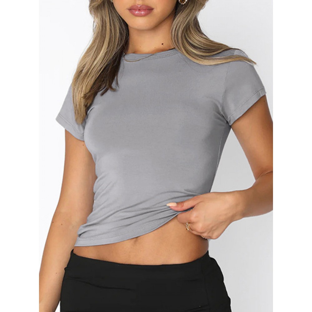 Solid Color Short Sleeves Skinny Round-Neck T-Shirts
