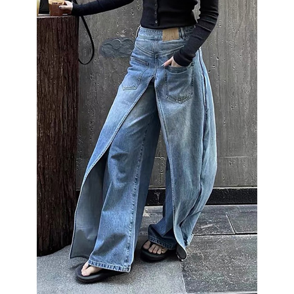 Pockets Reversible False Two Wide Leg Jean Pants Bottoms