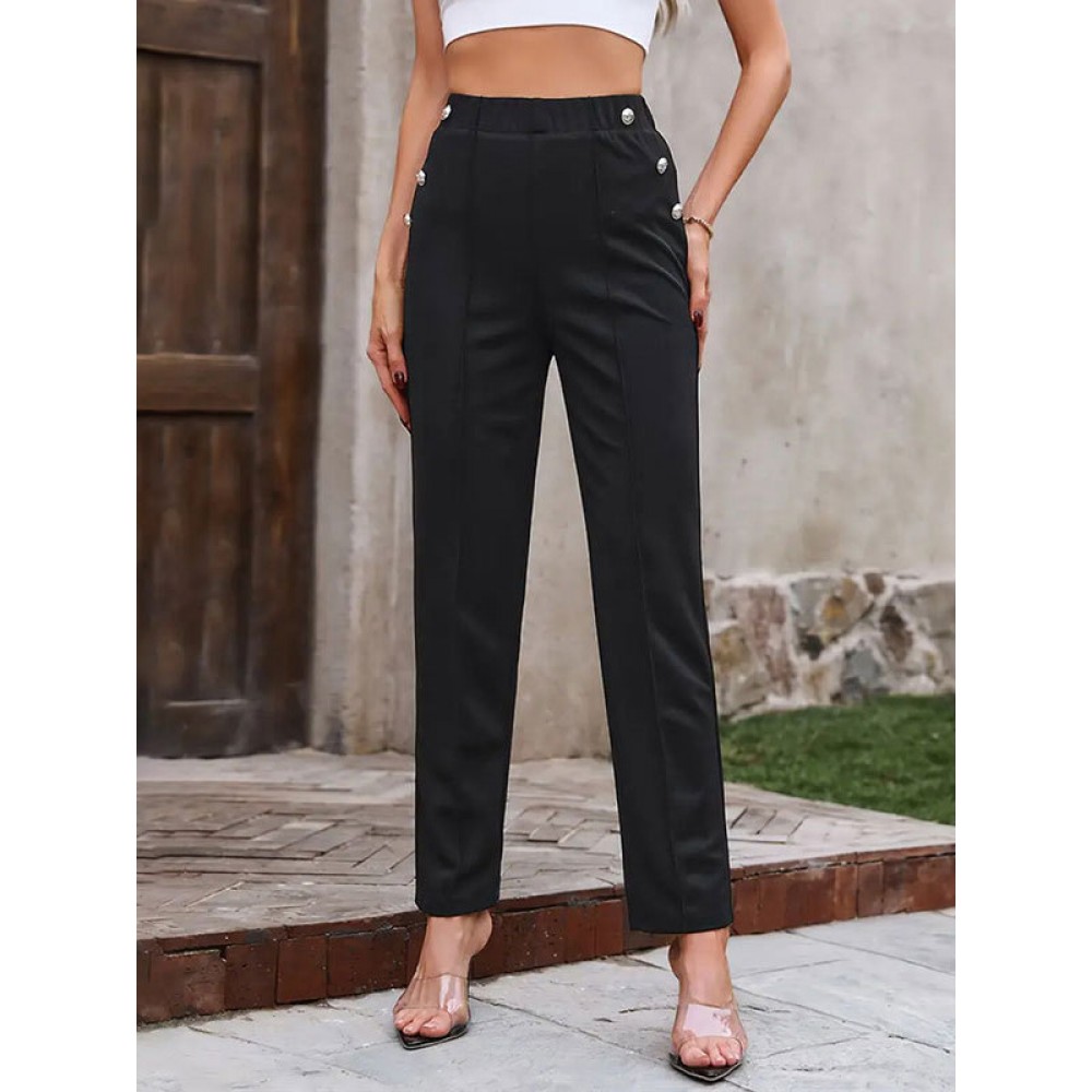 Buttoned Elasticity Solid Color Split-Joint High Waisted Loose Trouser