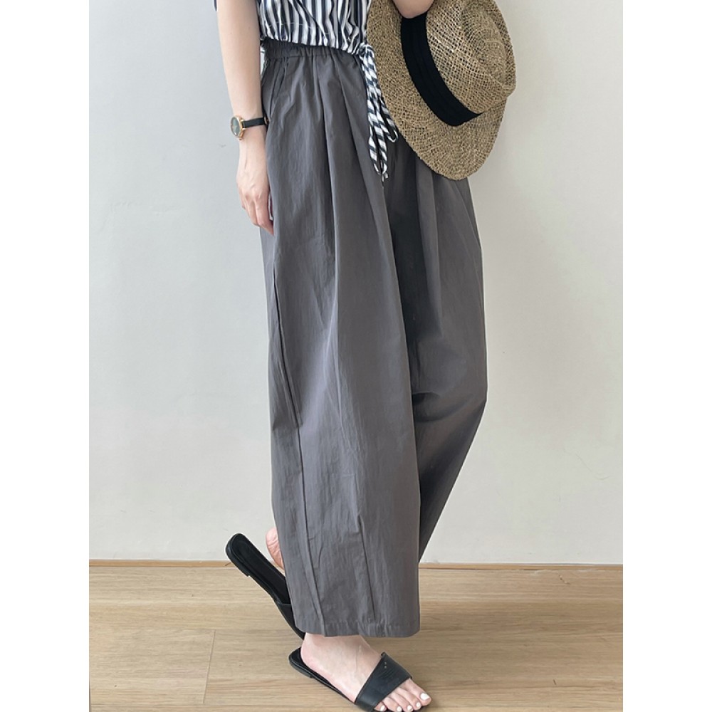Elasticity Pleated Solid Color Split-Joint High Waisted Loose Trousers