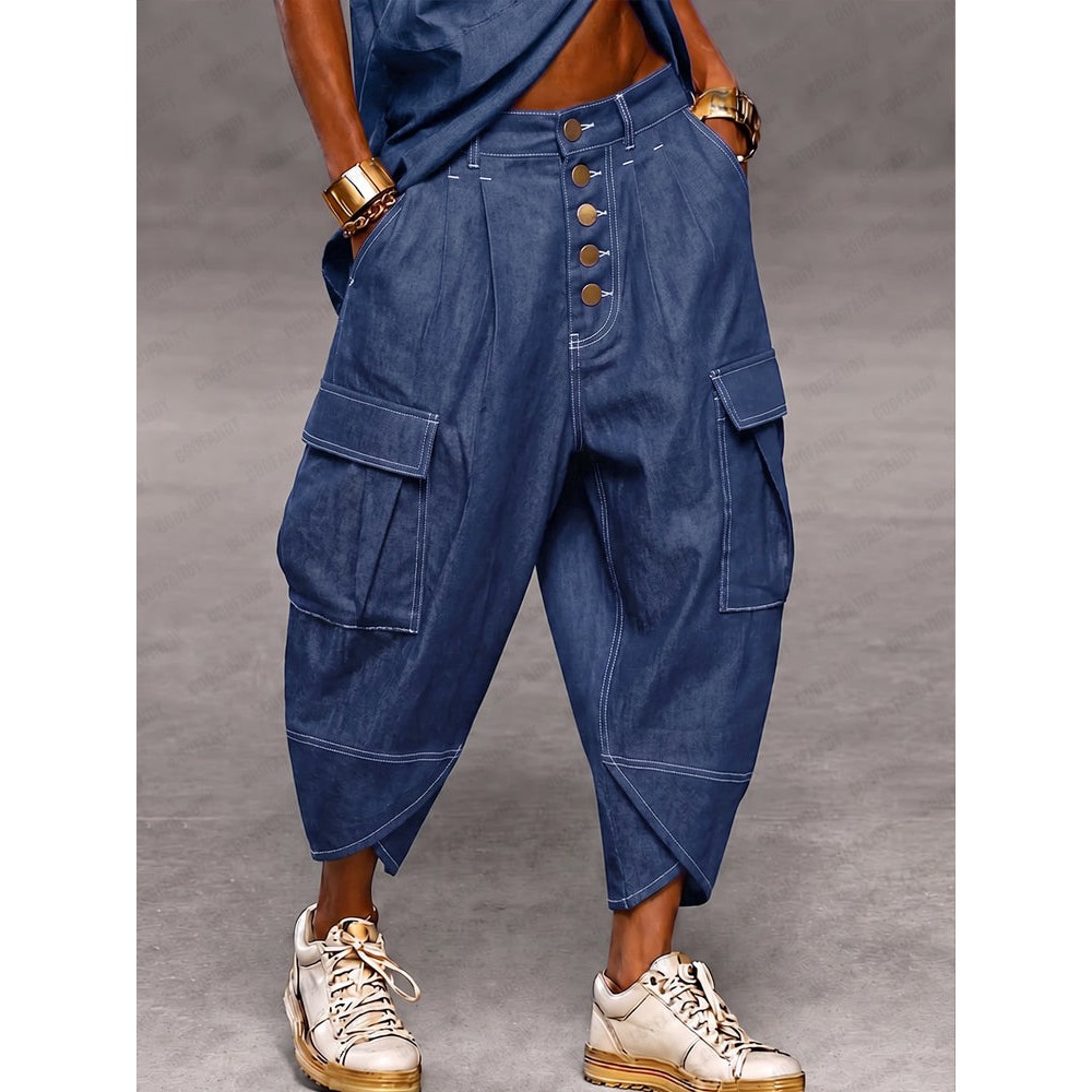 Casual Faux Denim Cargo Harem Pants