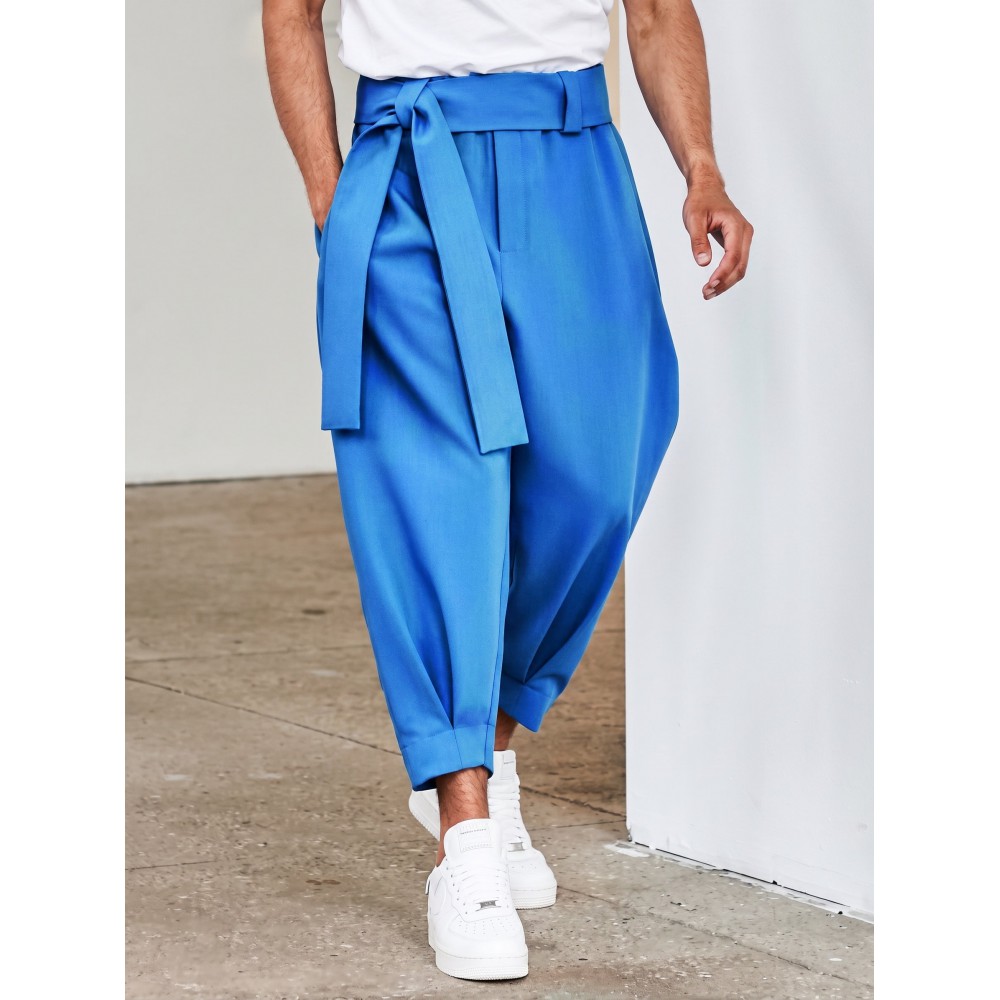 Belted Pleated Wide Leg Cropped Dress Harem Pants