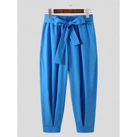 Belted Pleated Wide Leg Cropped Dress Harem Pants
