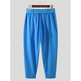 Belted Pleated Wide Leg Cropped Dress Harem Pants