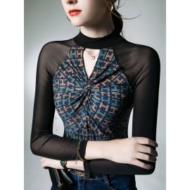 Hollow Knot Letter Print Split-Joint Long Sleeves Skinny Mock Neck T-S
