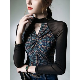 Hollow Knot Letter Print Split-Joint Long Sleeves Skinny Mock Neck T-S