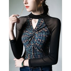 Hollow Knot Letter Print Split-Joint Long Sleeves Skinny Mock Neck T-S