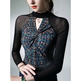 Hollow Knot Letter Print Split-Joint Long Sleeves Skinny Mock Neck T-S