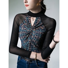Hollow Knot Letter Print Split-Joint Long Sleeves Skinny Mock Neck T-S