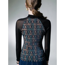 Hollow Knot Letter Print Split-Joint Long Sleeves Skinny Mock Neck T-S