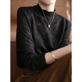 Hollow Jacquard Solid Color Long Sleeves T-Shirts Tops Knitwear