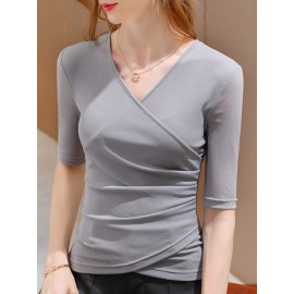 Asymmetric Pleated Solid Color Long Sleeves Skinny Round-Neck T-Shirts