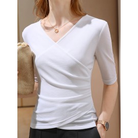 Asymmetric Pleated Solid Color Long Sleeves Skinny Round-Neck T-Shirts