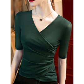 Asymmetric Pleated Solid Color Long Sleeves Skinny Round-Neck T-Shirts