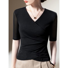 Asymmetric Pleated Solid Color Long Sleeves Skinny Round-Neck T-Shirts
