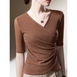 Asymmetric Pleated Solid Color Long Sleeves Skinny Round-Neck T-Shirts