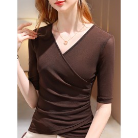 Asymmetric Pleated Solid Color Long Sleeves Skinny Round-Neck T-Shirts
