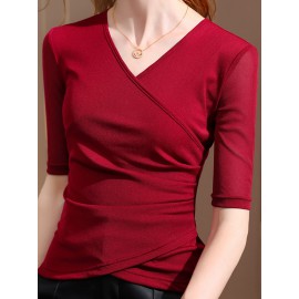 Asymmetric Pleated Solid Color Long Sleeves Skinny Round-Neck T-Shirts