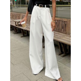 No Belt Pleated Pockets Solid Color High Waisted Loose Trousers Suit P