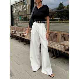 No Belt Pleated Pockets Solid Color High Waisted Loose Trousers Suit P