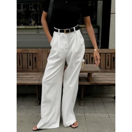 No Belt Pleated Pockets Solid Color High Waisted Loose Trousers Suit P