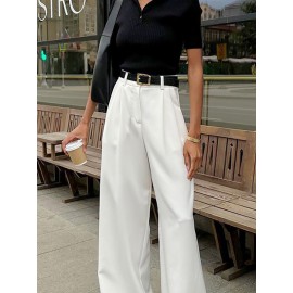 No Belt Pleated Pockets Solid Color High Waisted Loose Trousers Suit P