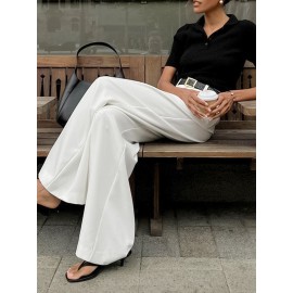 No Belt Pleated Pockets Solid Color High Waisted Loose Trousers Suit P
