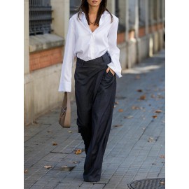 Asymmetric Solid Color Split-Joint High Waisted Loose Trousers Suit Pa