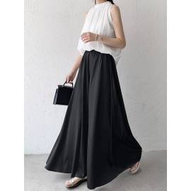Elasticity Pleated Solid Color High Waisted Loose Pants Culotte