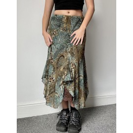 Printed Low Waist Irregular Skirt In Green