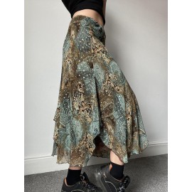 Printed Low Waist Irregular Skirt In Green