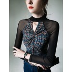 Hollow Knot Letter Print Split-Joint Long Sleeves Skinny Mock Neck T-S