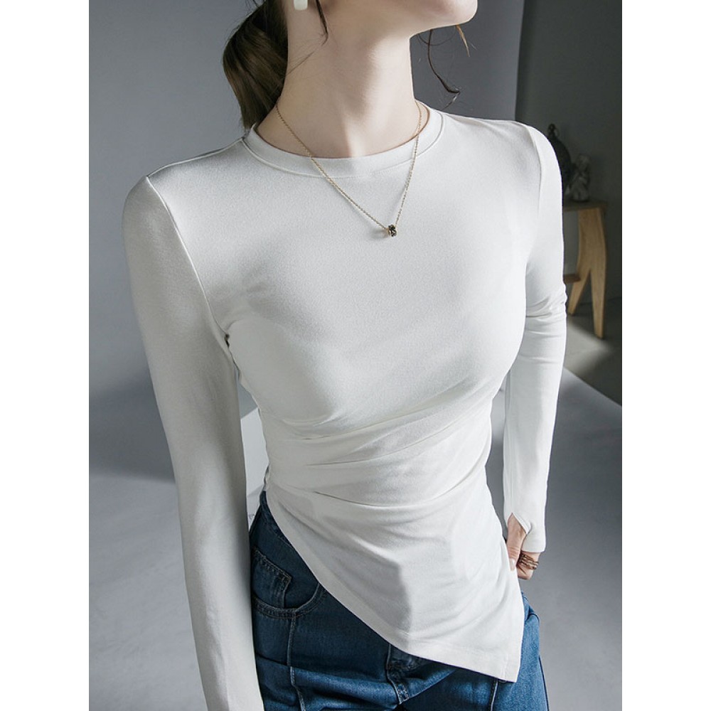 Asymmetric Pleated Solid Color Long Sleeves Skinny Round-Neck T-Shirts