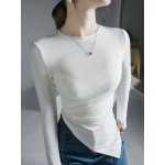 Asymmetric Pleated Solid Color Long Sleeves Skinny Round-Neck T-Shirts