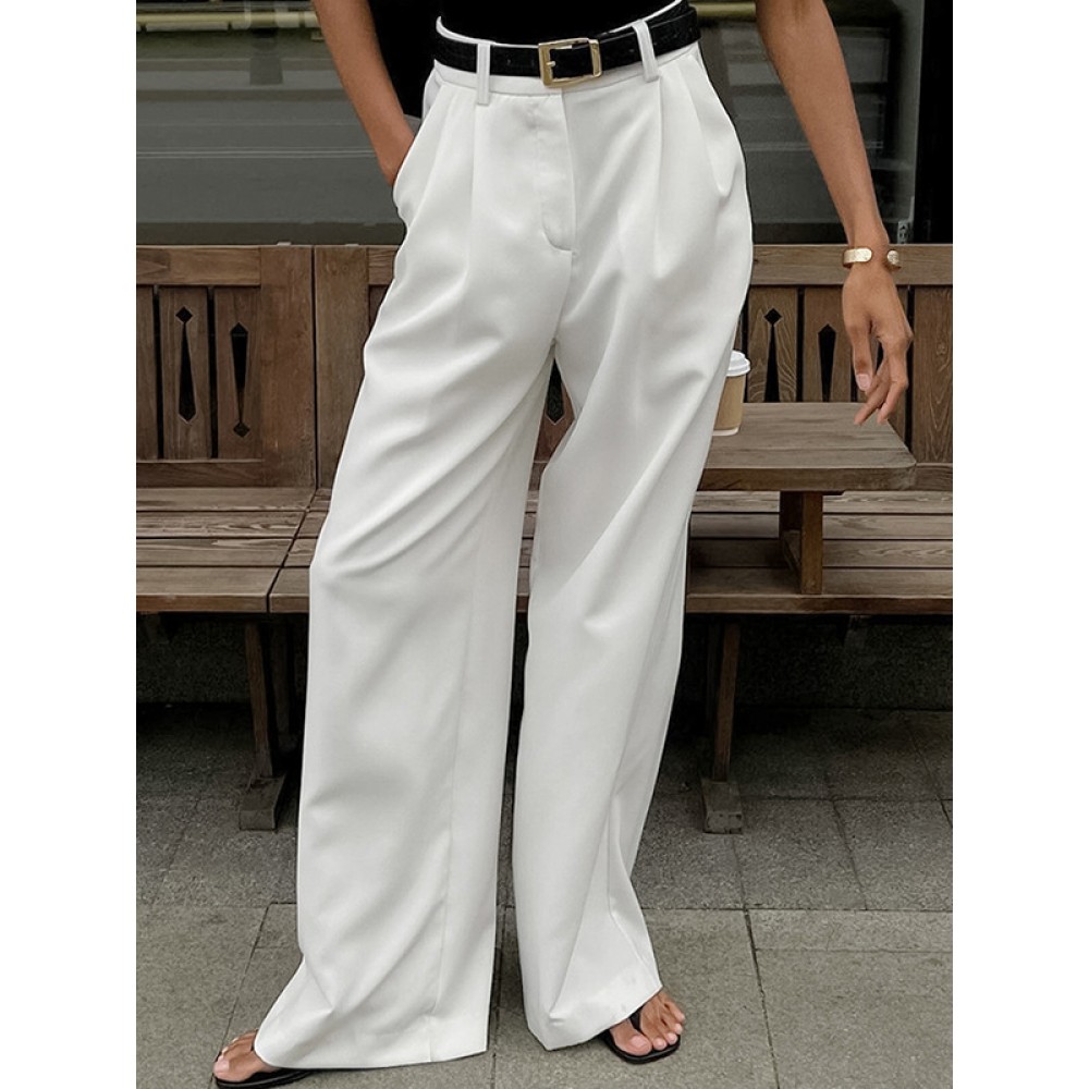 No Belt Pleated Pockets Solid Color High Waisted Loose Trousers Suit P