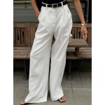 No Belt Pleated Pockets Solid Color High Waisted Loose Trousers Suit P