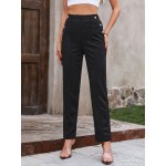 Buttoned Elasticity Solid Color Split-Joint High Waisted Loose Trouser