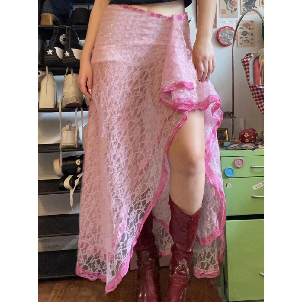 Lace Multi-Layered Casual Irregular Edge Skirt In Pink